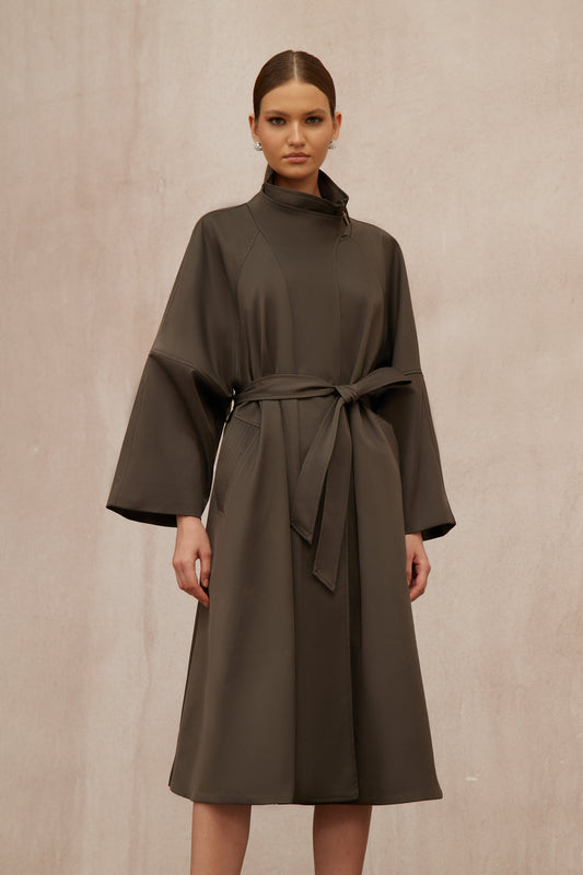 Suzon Charcoal Grey Belted Long Trench Coat