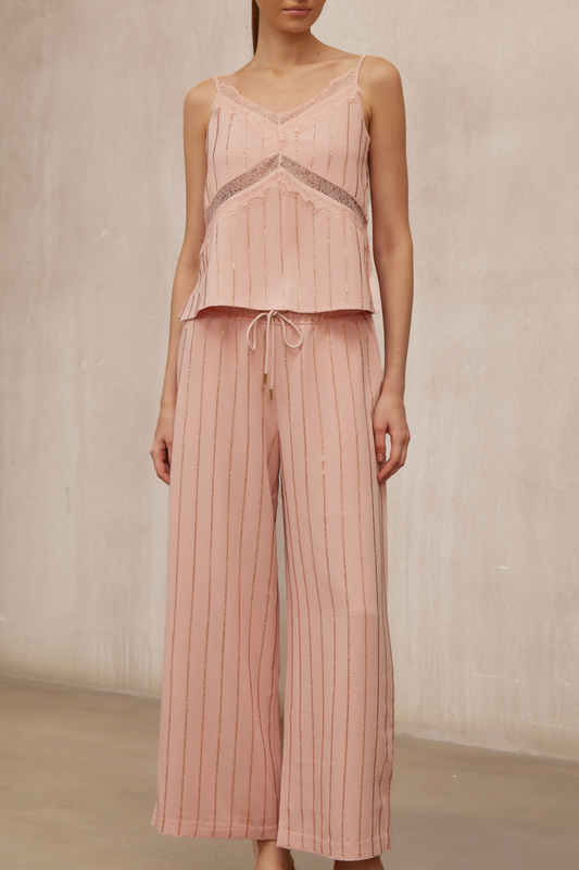 Quincie Pink Rhinestone Striped Top & Trousers Set