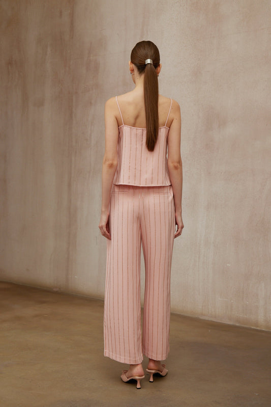 Quincie Pink Rhinestone Striped Top & Trousers Set