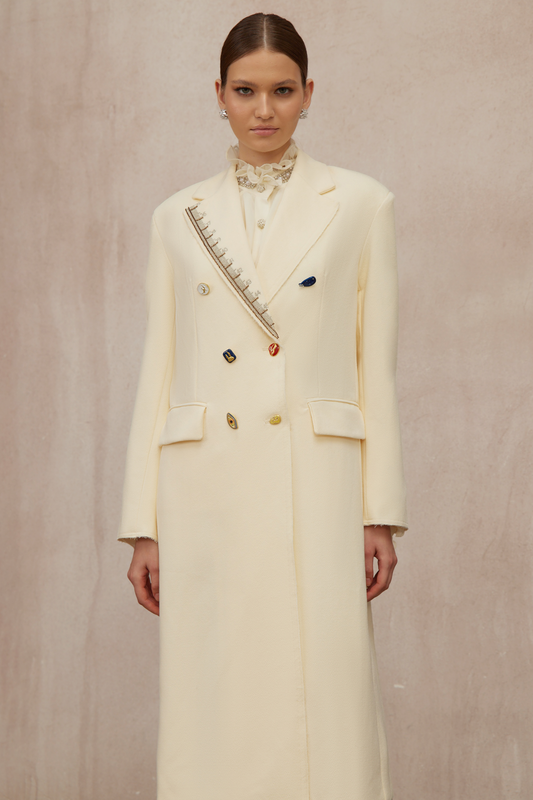 Alexa White Embroidered Double-Breasted Overcoat