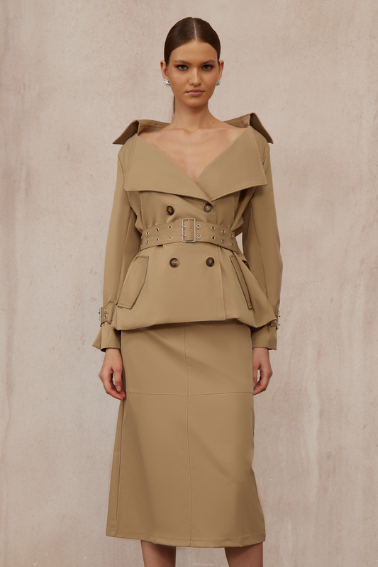 Isabelle Khaki Double-Breasted Trench Coat & Skirt Set