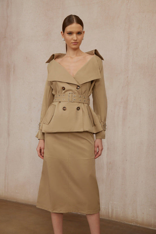 Isabelle Khaki Double-Breasted Trench Coat & Skirt Set