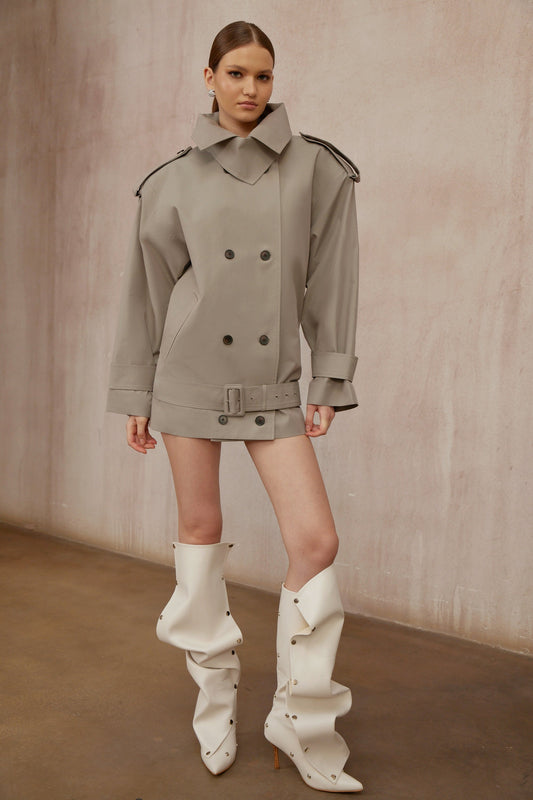 Mavis Grey Double-Breasted Belted Trench Coat