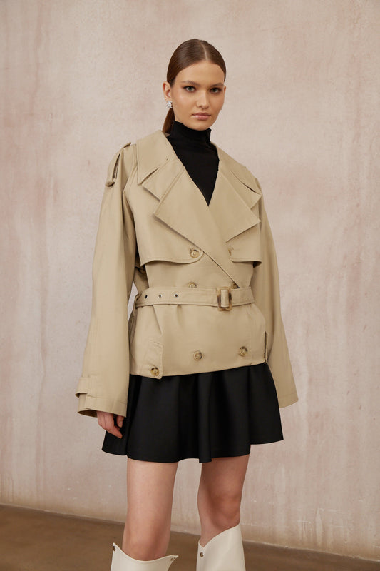 Sandra Khaki Double-Breasted Short Trench Coat