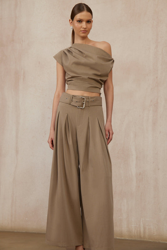 Frannie Khaki One Shoulder Top & Belted Trousers Set