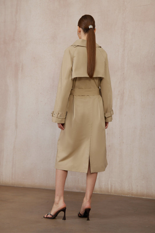 Raquel Khaki Asymmetrical Long Trench Coat