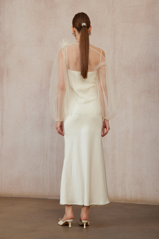 Héloïse White Floral Tulle Blouse & Satin Dress Set