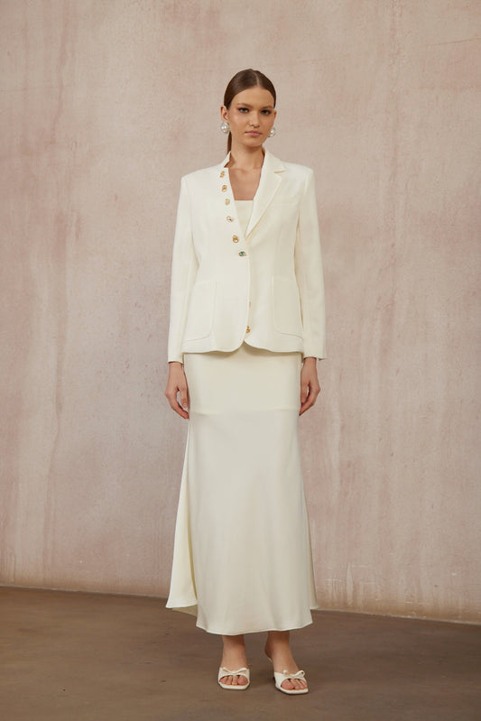 Rosalie White Asymmetrical Decorative Button Blazer