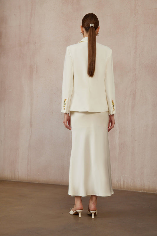 Rosalie White Asymmetrical Decorative Button Blazer