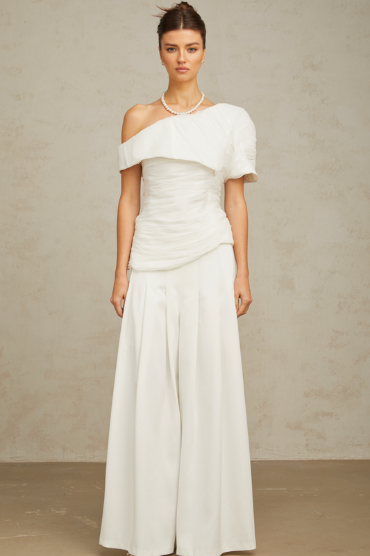 Adèle creased top & trousers matching set in White