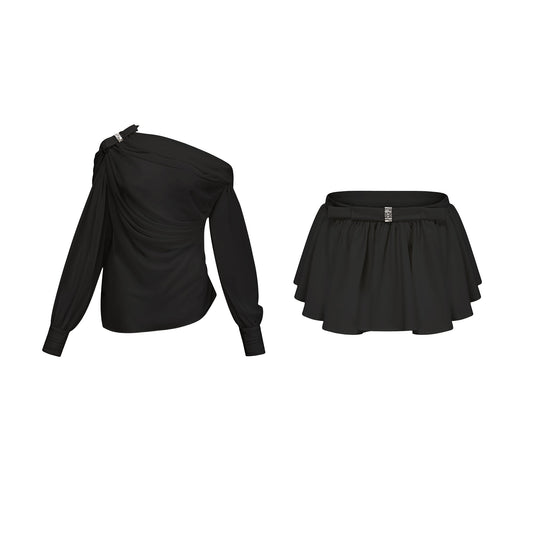 Andrea asymmetrical tulle blouse & skirt matching set in Black