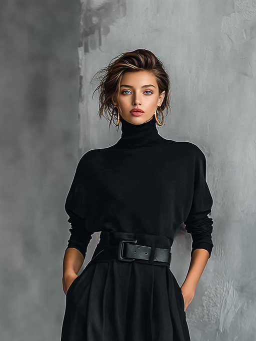 Women's All-black Turtleneck Long-sleeved T-shirt And Straight-leg Pants Two-piece Set (including Belt)MDA3095G6Y