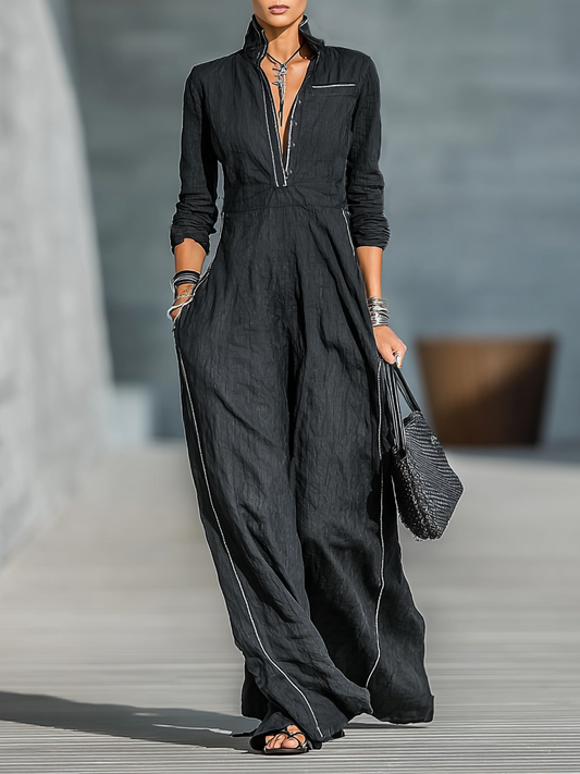 Women's Cotton And Linen Blend White Trim Button Stand Collar Maxi Dress MDA0702H2Y