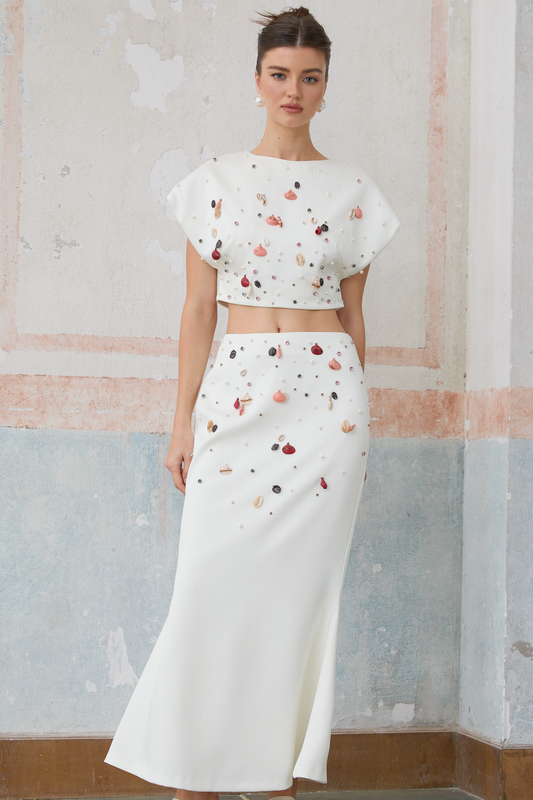 Delphine white shell-embellished top & skirt matching set