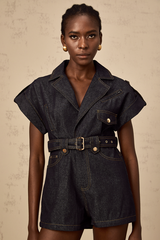 Chloé blue denim belted playsuit