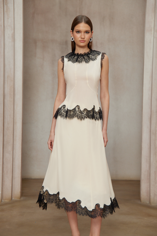 Zsófia Neutral Lace Panel Chiffon Top & Skirt Matching Set