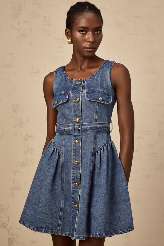 Vérane blue belted denim mini dress