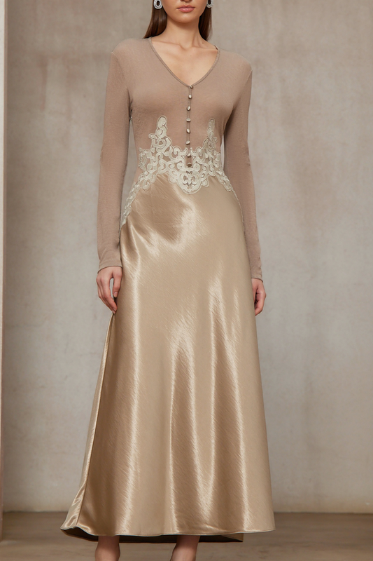 Szilvia Brown Knit Panel Satin Midi Dress