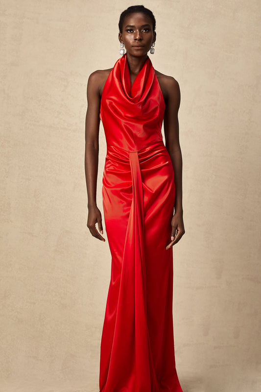 Alix red halterneck draped satin maxi dress (US Only)