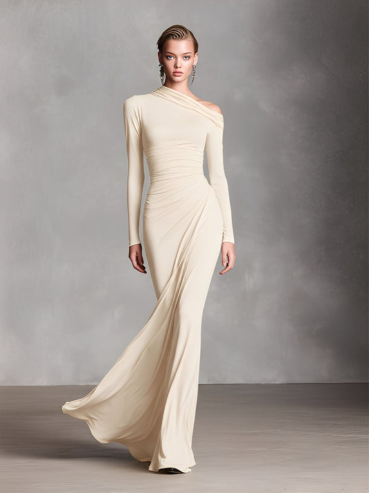 Women's Cream Elegant Jersey One - Shoulder Ruched Mermaid Maxi Dress MDA1750J7I