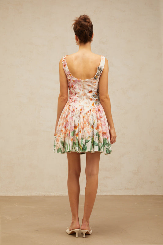 Michèle pink floral-print pleated mini dress