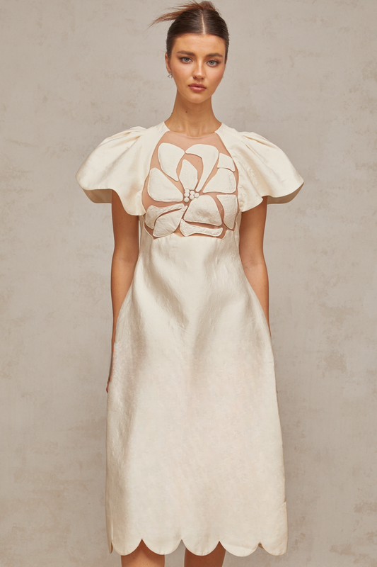 Ségolène white flower jacquard midi dress