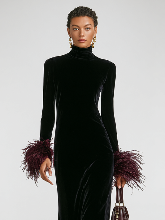 Women's Minimalist Velvet Patchwork Faux Ostrich Feather Cuffs And Hem Maxi Dress MDA1174J9Y