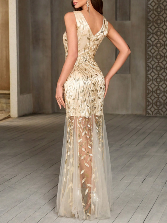 Women's Mesh Embroidered V-Neck Sleeveless Fitted Maxi Dress MDA1815F1Y