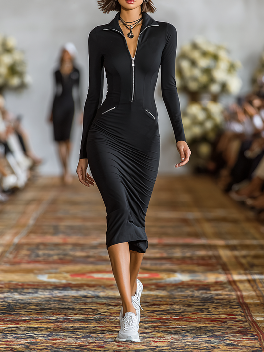 Women's Sports Cotton Blend Skinny Zipper Lapel Midi Dress MDA0133H4Y