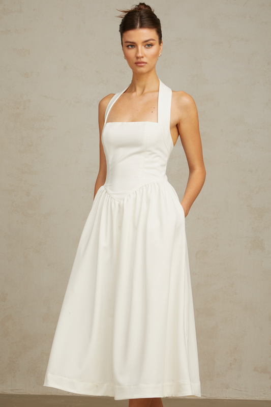 Alizée halterneck pleated midi dress in White (US Only)