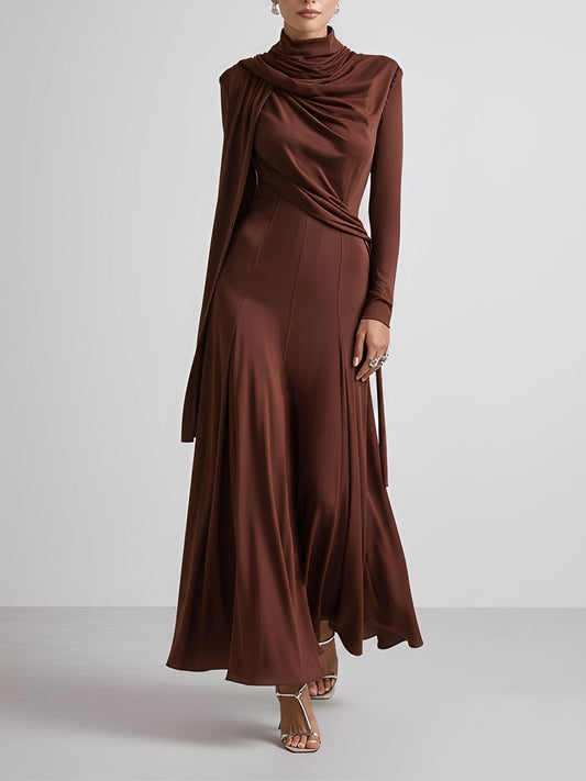 Women's Brown Modern Stretch Polyester-Cotton Blend Turtleneck Maxi Dress With Draped Scarf Details MDA1748J6I
