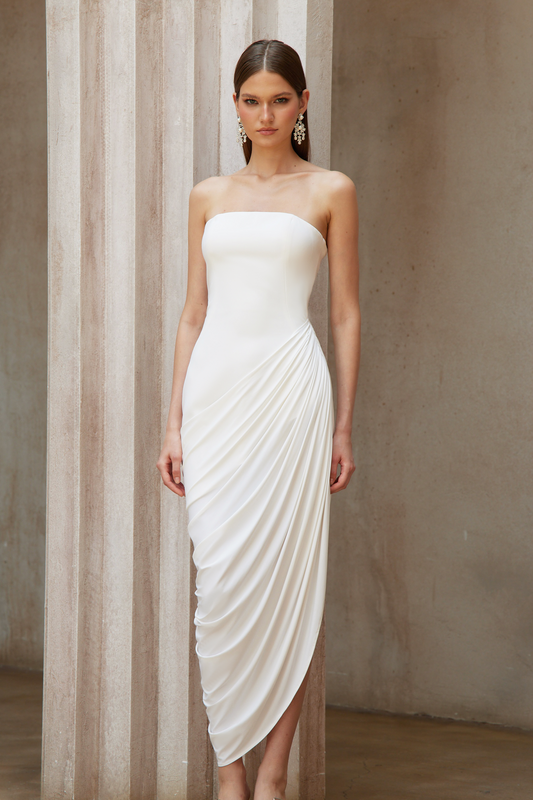 Wanda White Asymmetrical Ruched Midi Dress