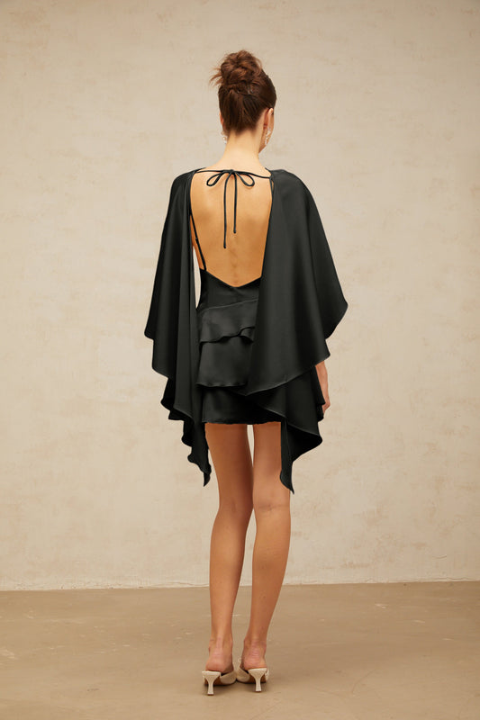 Lyna Black Satin Ruffled Mini Dress with Shawl Panel Detail