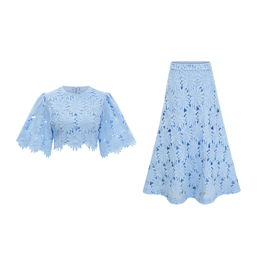 Audrey blue guipure-lace top & skirt matching set