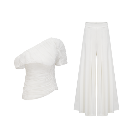 Adèle creased top & trousers matching set in White