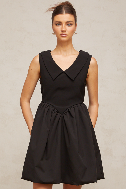 Sandrine black lapel puff mini dress