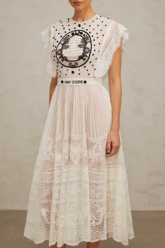 Phoebe white jacquard floral-lace pleated midi dress
