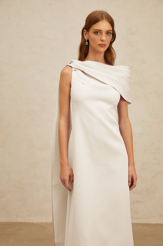 Annabelle White Cape-Design Ribbon Maxi Dress