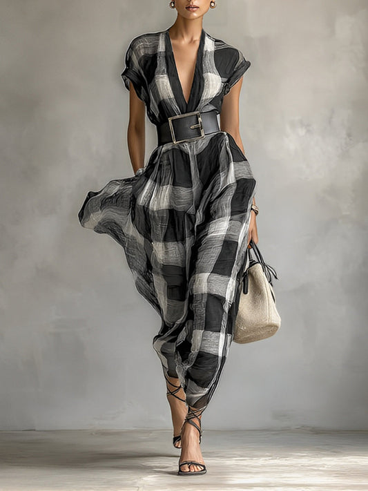 Women's Chiffon Plaid V-neck Cap Sleeve Belt Maxi Dress MDA1915G6Y