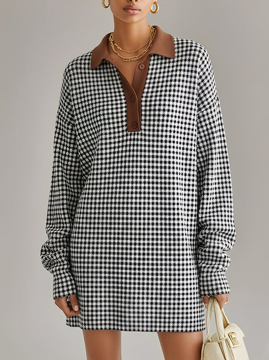 Women's Black - White Elegant Gingham Collared Half - Button Mini Sweater Dress MDA1033J7I