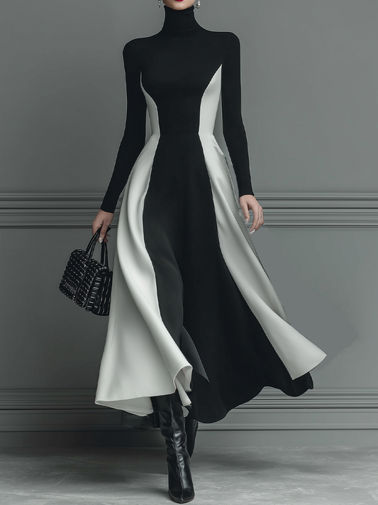 Women's Black And White Stitching Knitted Maxi Dress MDA0326I6T