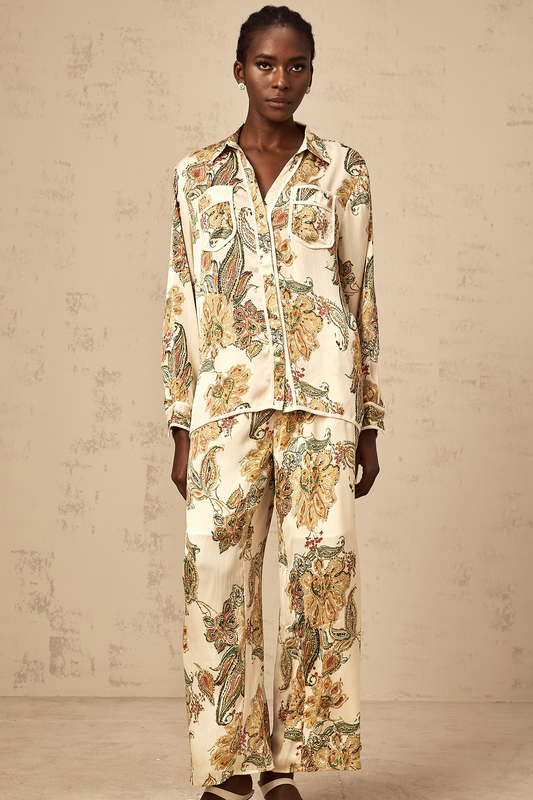 Agnès neutrals floral-print shirt & trousers matching set