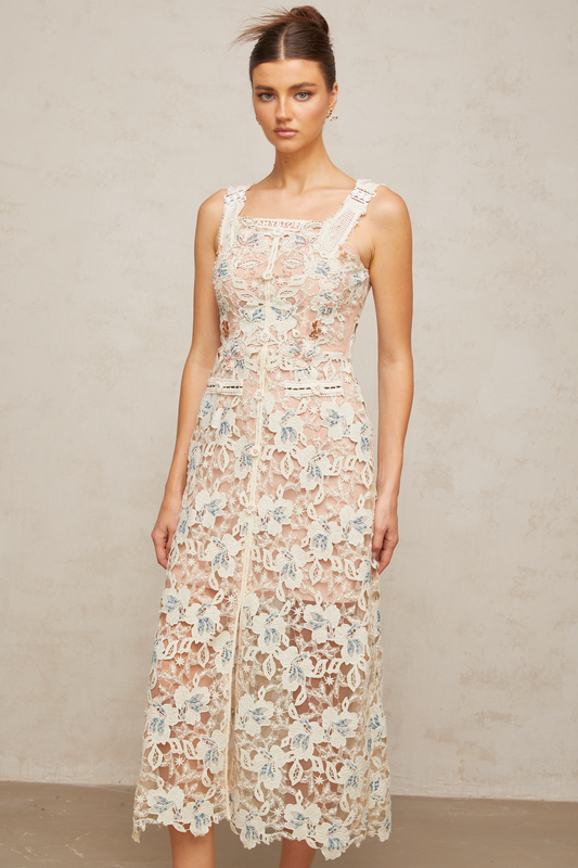 Roxane white A-line flora-lace midi dress