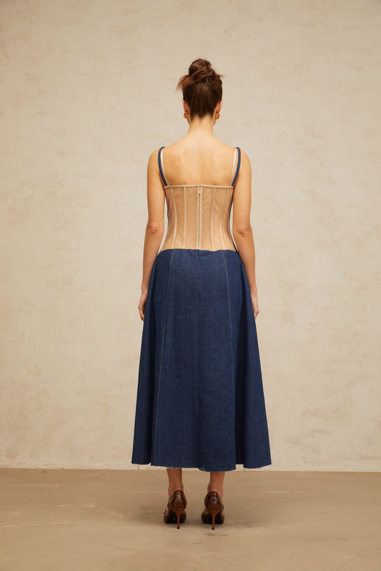 Uralie indigo-blue panelled denim midi dress