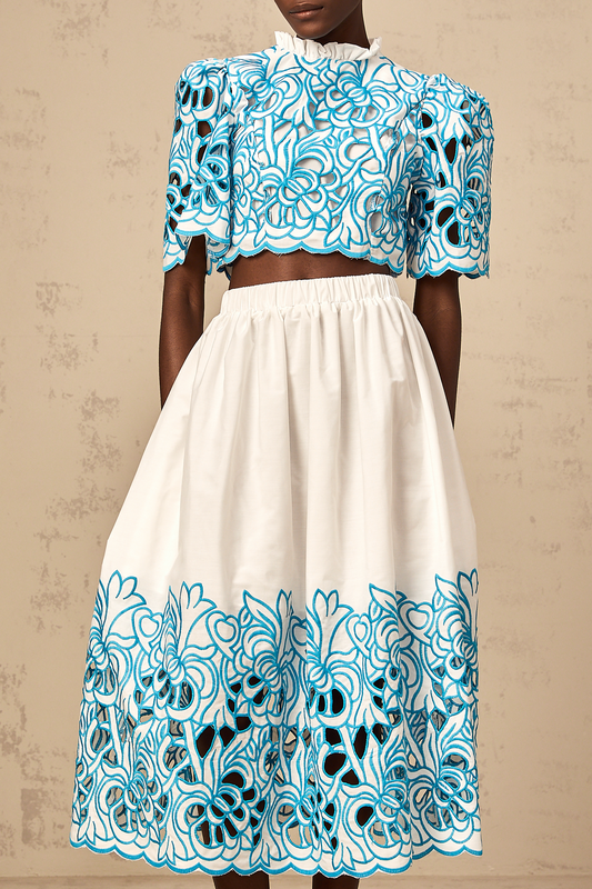 Aurore blue cut-out embroidered top & skirt matching set