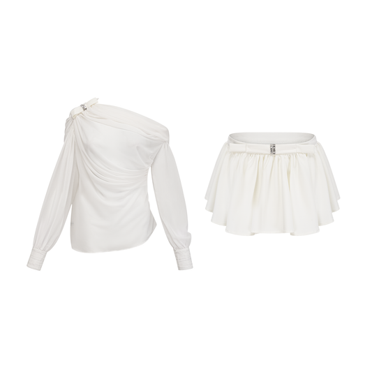 Andrea asymmetrical tulle blouse & skirt matching set in White