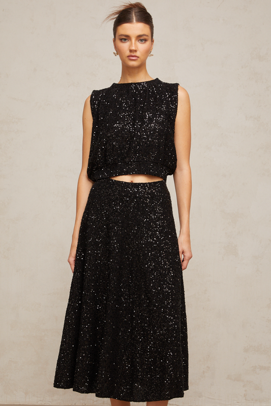 Ulrique black sequined knit vest & skirt matching set
