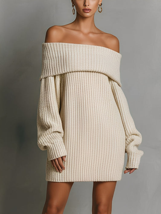 Women's Beige Elegant Rib Knit Off - Shoulder Oversized Sweater Dress MDA1697J2I
