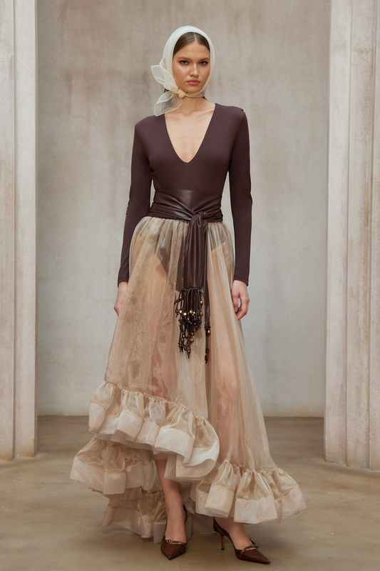 Paula Brown Belted Bodysuit & Organza Skirt Set