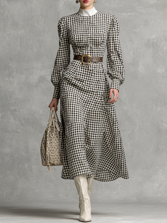 Women's Plaid Half-high Collar Belt Maxi Dress MDA1677J9Y